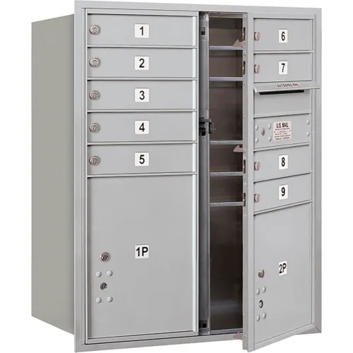 4C Horizontal Mailbox, 37-1/2"H, Double, 9 MB1/2 PL Doors, Front Load, Aluminum, USPS