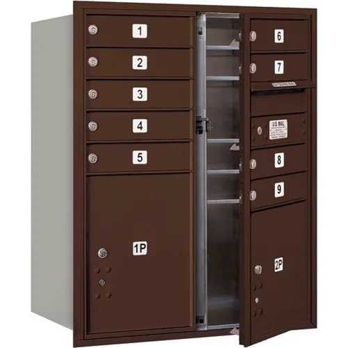 4C Horizontal Mailbox, 37-1/2"H, Double Column, 9 MB1/2 PL Doors, Front Load, Bronze, USPS