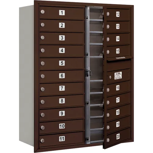 4C Horizontal Mailbox, 41"H, Double Column, 20 MB1 Doors, Front Load, Bronze, USPS