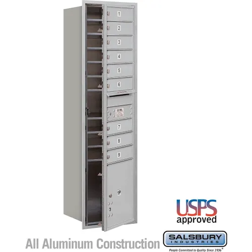 4C Horizontal Mailbox, 56-3/4"H, Single,  9 MB1/1 PL Doors, Front Load, Aluminum, USPS
