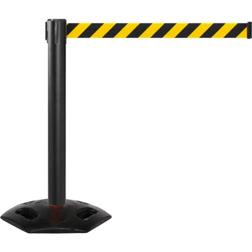 WeatherMaster 300 Retractable Belt Barrier, 40" Black Post, 16' Black/Yellow Belt