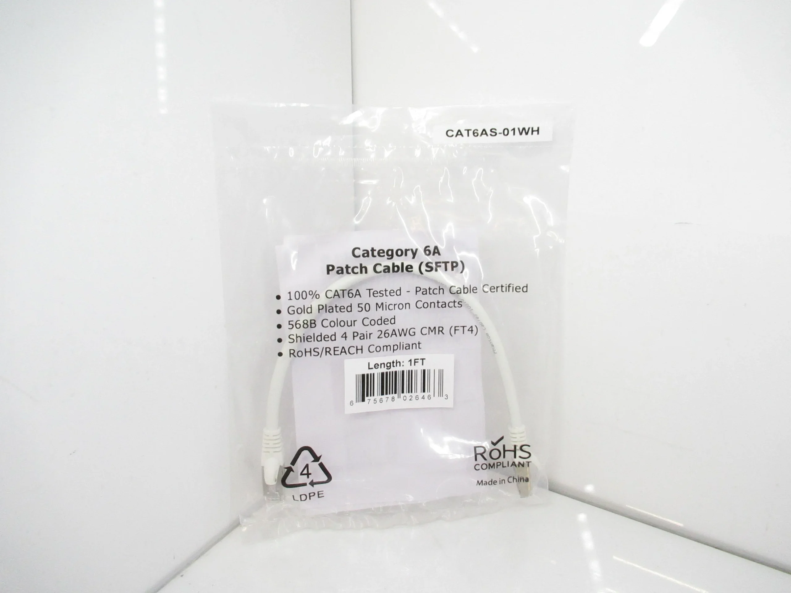 CAT6AS-01WH CAT6A SSTP 10GB Shielded Ethernet Molded Patch Cable, 1FT