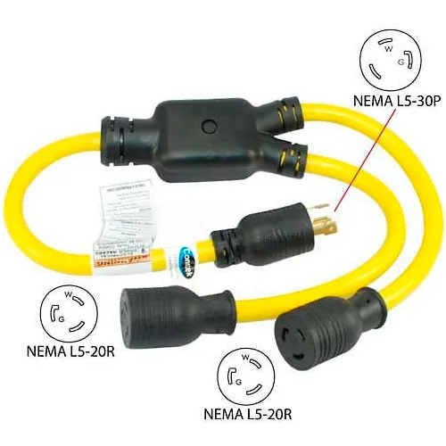 Conntek YL530520, 3', 30 to 20-Amp Generator Y Adapter with NEMA L5-30P to L5-20R*2, Yellow