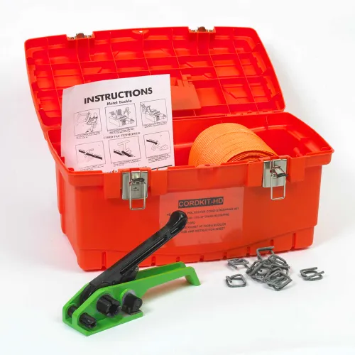Pac Strapping Cord Kit w/ Tensioner/Buckles/Windlass & Case, 250'L x 3/4" Strap Width Coil, Orange