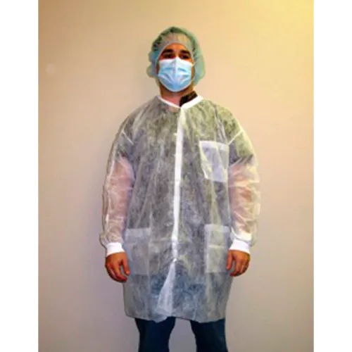 Polypropylene Lab Coat, 3 Pockets, Knit Wrists, Snap Front, Knit Collar, White, 4XL, 30/CS