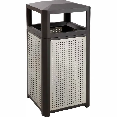 Safco® Outdoor Perforated Steel Side Opening Trash Can, 15 Gallon, Black