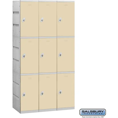 Salsbury 3-Tier 9 Door Plastic Locker, 38-1/4"W x 18"D x 74"H, Tan, Unassembled
