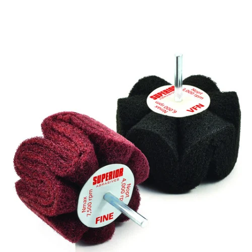 Superior Abrasives 54805 | SHUR-BRITE 4" x 2" x 1/4" Medium Aluminum Oxide Heavy Duty Mounted Seamless Satin Wheel