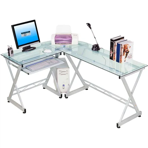 Techni Mobili L-Shaped Tempered Glass Top Computer Desk with Pull Out Keyboard Tray, Clear