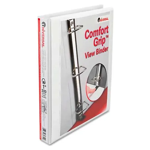 Universal® Comfort Grip Deluxe Plus D-Ring View Binder, 1" Capacity, 8-1/2 x 11, White