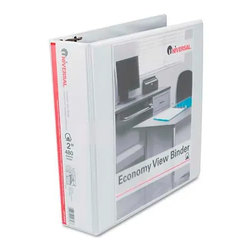 Universal® Economy D-Ring Vinyl View Binder, 2" Capacity, White