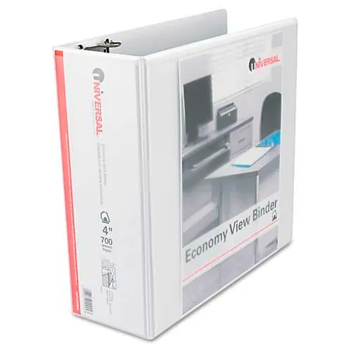 Universal® Economy D-Ring Vinyl View Binder, 4" Capacity, White