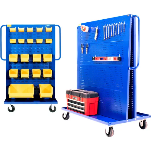 Valley Craft Modular A-Frame Bin Cart w/ 1 Louvered & 1 Round-Peg Pegboard, 46"W x 30"D x 62"H, Blue