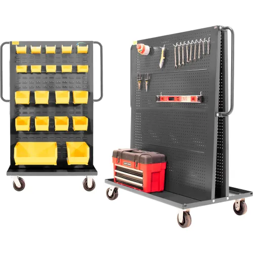 Valley Craft Modular A-Frame Bin Cart w/ 1 Louvered & 1 Round-Peg Pegboard, 57"W x 30"D x 62"H, Gray