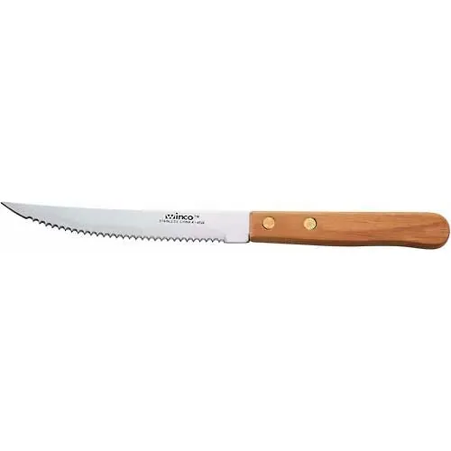 Winco K-45W Steak Knife, 4-1/2"L, Wood Handle, Serrated Blade, 12/Pack