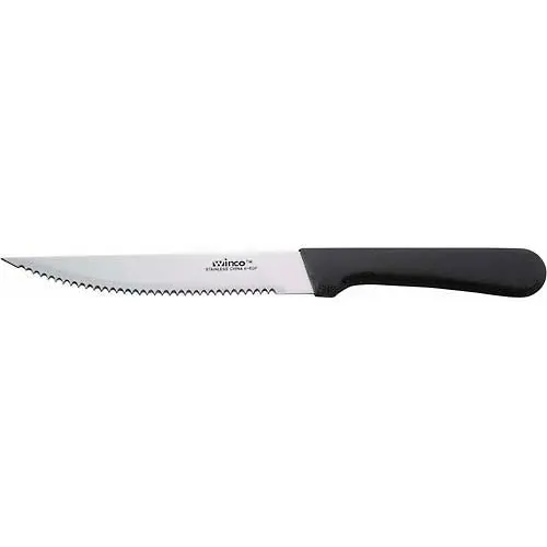 Winco K-60P Jumbo Steak Knife W/ Pointed Tip, 5"L, Black Pastic Handle, Serrated Blade, 12/Pack