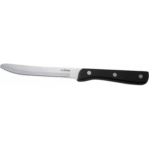 Winco K-80P Steak Knife W/ Pointed Tip, 5"L, Black Pastic Handle, Serrated Blade, 12/Pack
